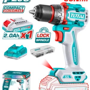 TOTAL 20V Brushless Cordless Drill with 2-Speed Gear, 55Nm Torque, LED Work Light, and 47-Piece Accessory Kit-TDLI205582