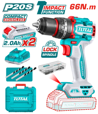TOTAL Brushless Drill Kit 20V 66Nm – TIDLI20668