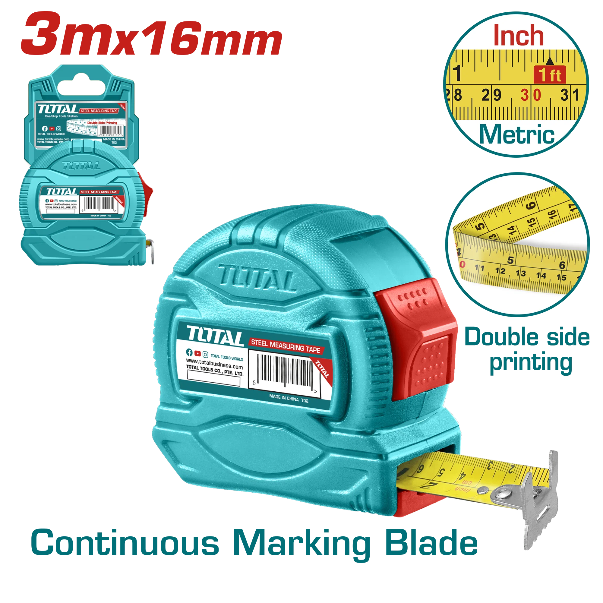 Total 3mx16mm Steel Measuring Tape TMT34316
