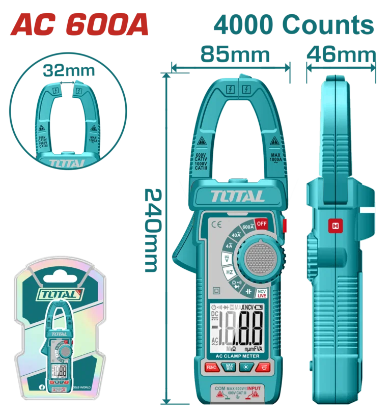 Total Digital Clamp Meter – TRMS 4000 Counts, AC/DC Voltage & Current, NCV, Flashlight, Auto Power Off- TMT766001